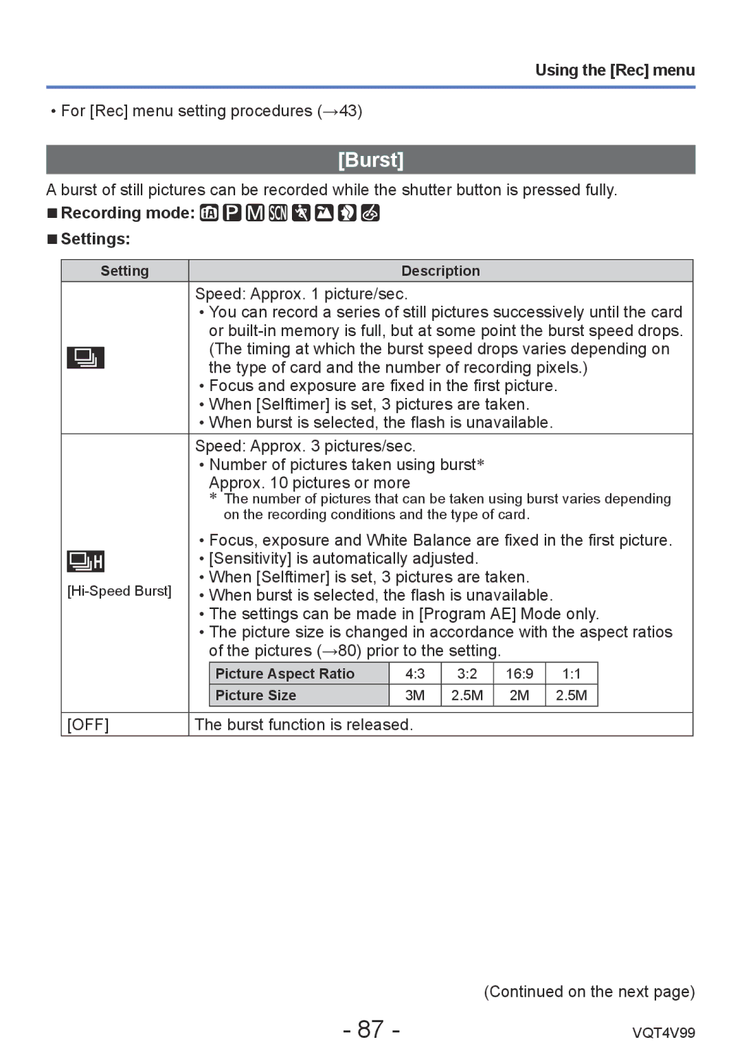 Panasonic VQT4V99, DMCLZ30K owner manual Burst, Setting Description, Picture Aspect Ratio, Picture Size 