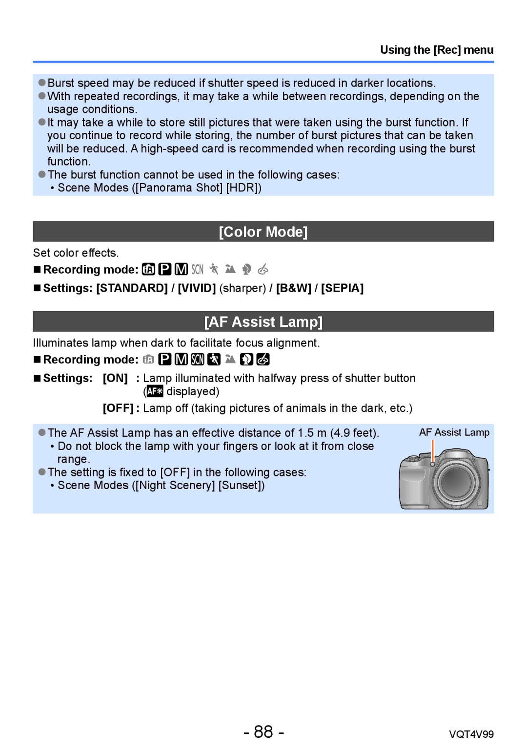 Panasonic DMCLZ30K, VQT4V99 owner manual Color Mode, AF Assist Lamp 