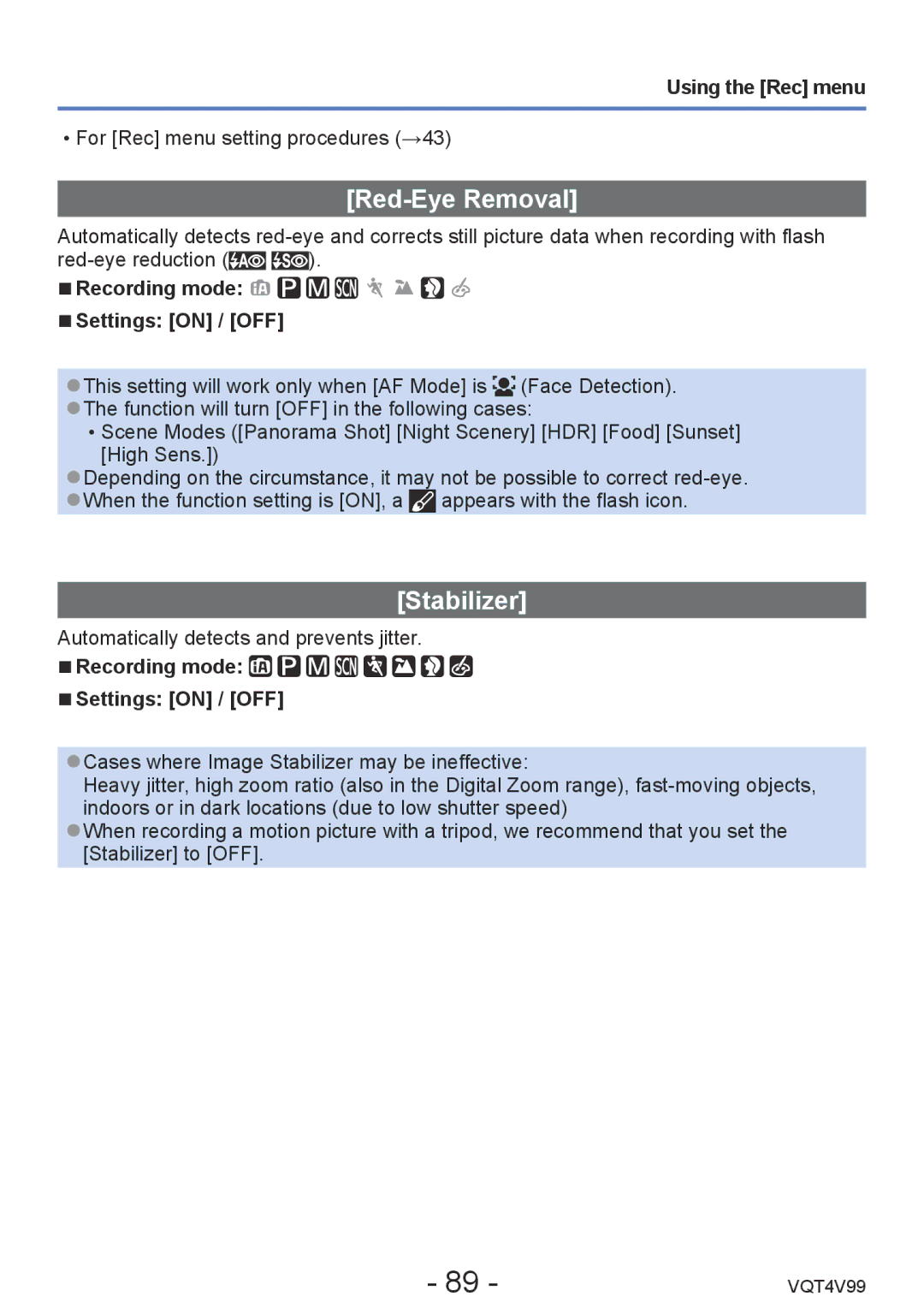 Panasonic VQT4V99, DMCLZ30K owner manual Red-Eye Removal, Stabilizer 