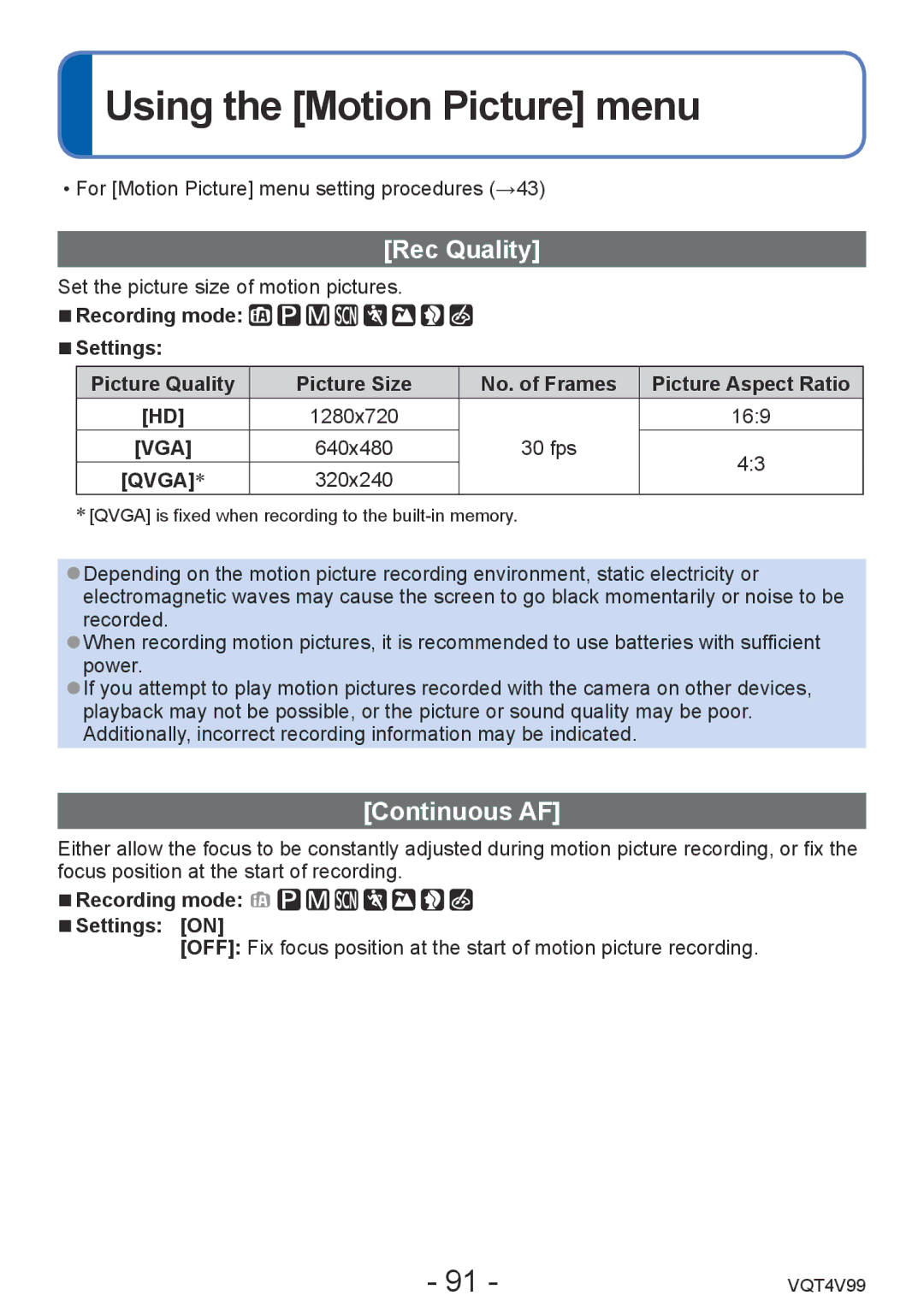 Panasonic VQT4V99, DMCLZ30K Using the Motion Picture menu, Rec Quality, Continuous AF, 169, Recording mode Settings on 