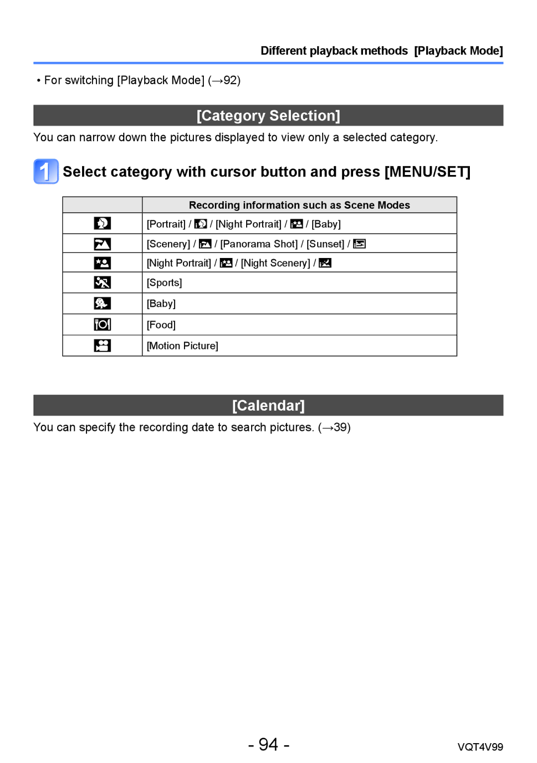 Panasonic DMCLZ30K, VQT4V99 owner manual Category Selection, Select category with cursor button and press MENU/SET, Calendar 