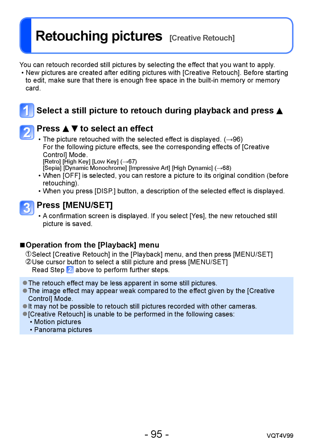 Panasonic VQT4V99, DMCLZ30K owner manual Retouching pictures Creative Retouch, Operation from the Playback menu 