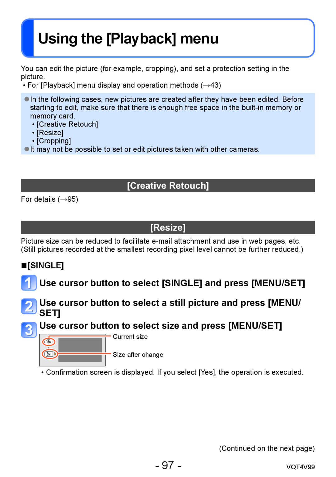 Panasonic VQT4V99, DMCLZ30K owner manual Using the Playback menu, Creative Retouch, Resize 