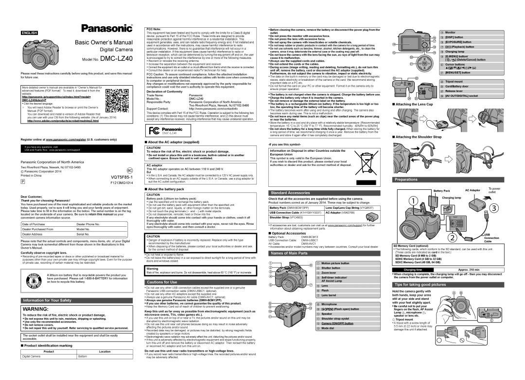 Panasonic DMCLZ40K owner manual Information for Your Safety, Standard Accessories, Names of Main Parts, Preparations 