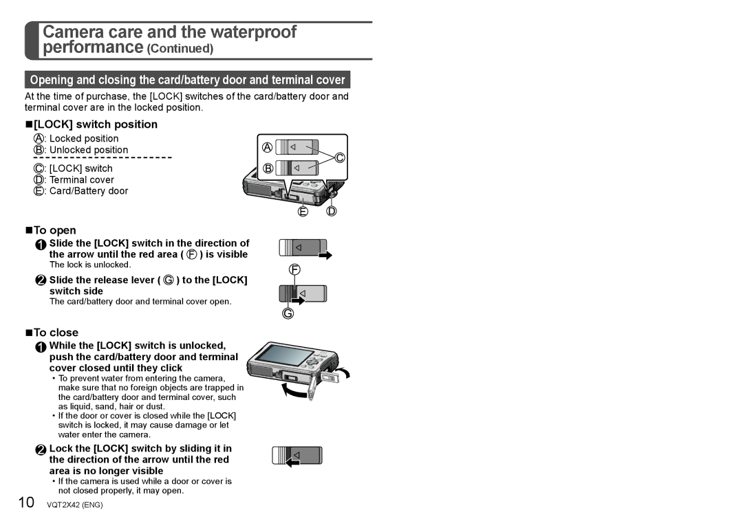 Panasonic DMCTS10K, M0710KZ0 Lock switch position, To open, To close, Slide the release lever to the Lock switch side 