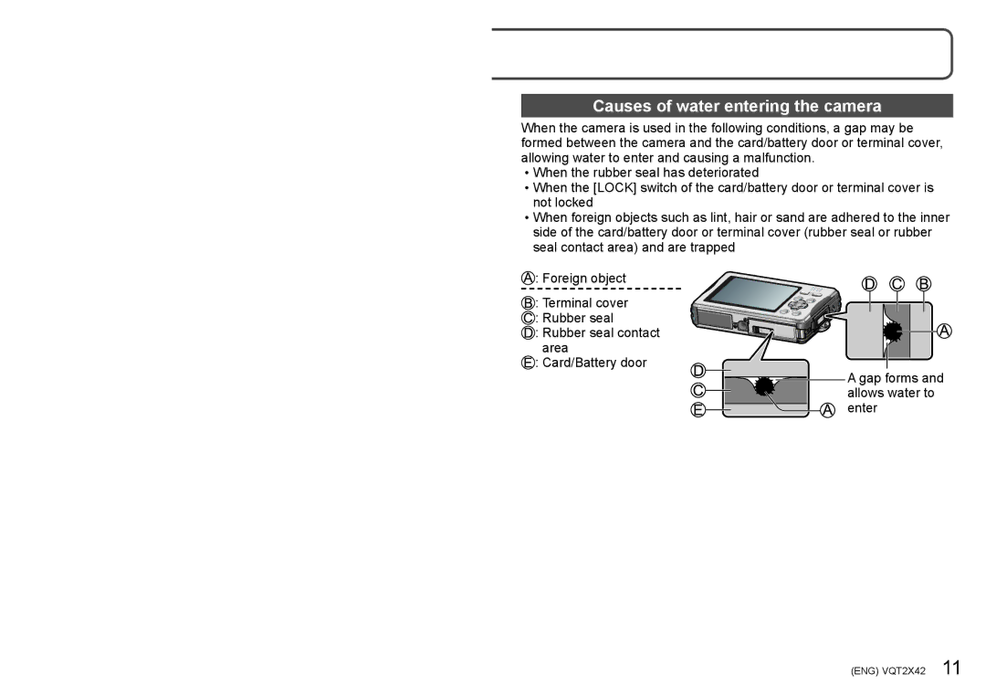 Panasonic M0710KZ0, DMCTS10K, VQT2X42, DMC-TS10S operating instructions Causes of water entering the camera 