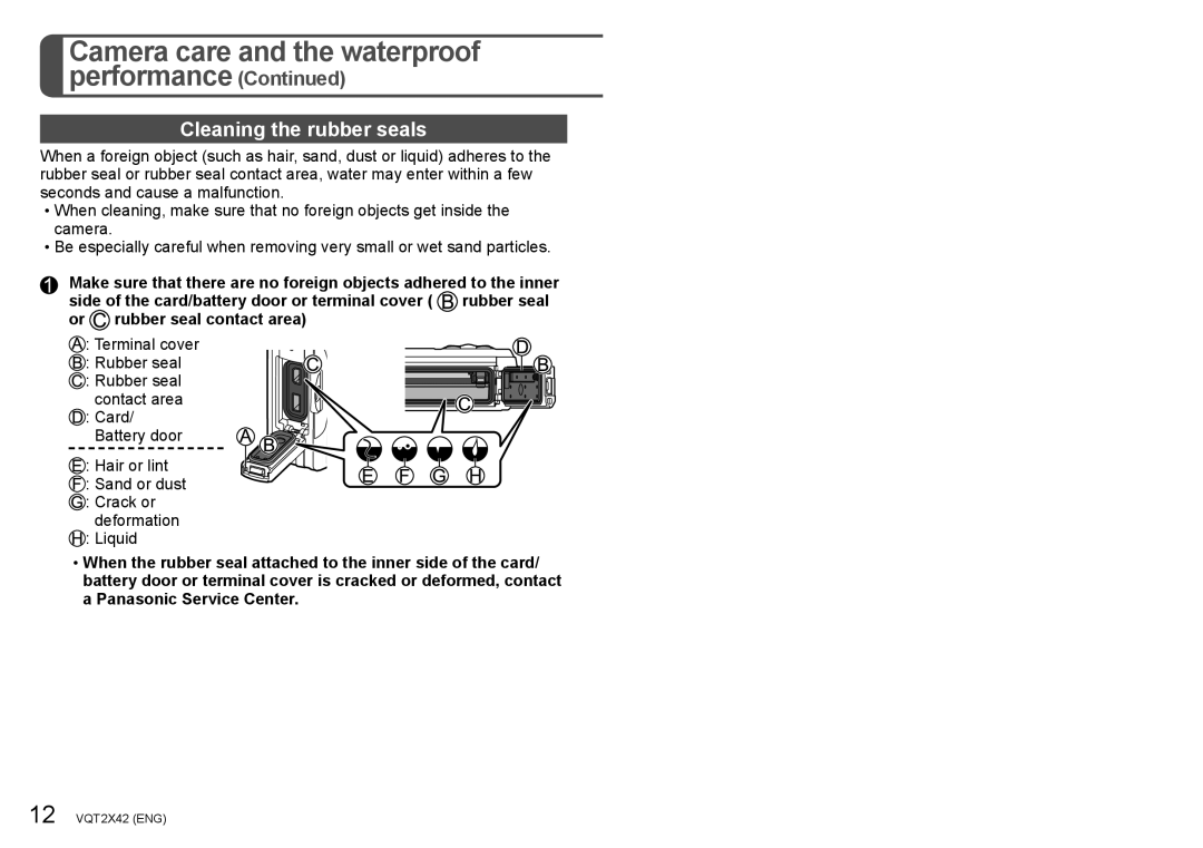 Panasonic VQT2X42, DMCTS10K, M0710KZ0, DMC-TS10S operating instructions Cleaning the rubber seals 