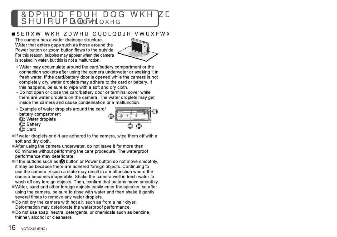 Panasonic M0710KZ0, DMCTS10K, VQT2X42, DMC-TS10S operating instructions About the water drainage structure 