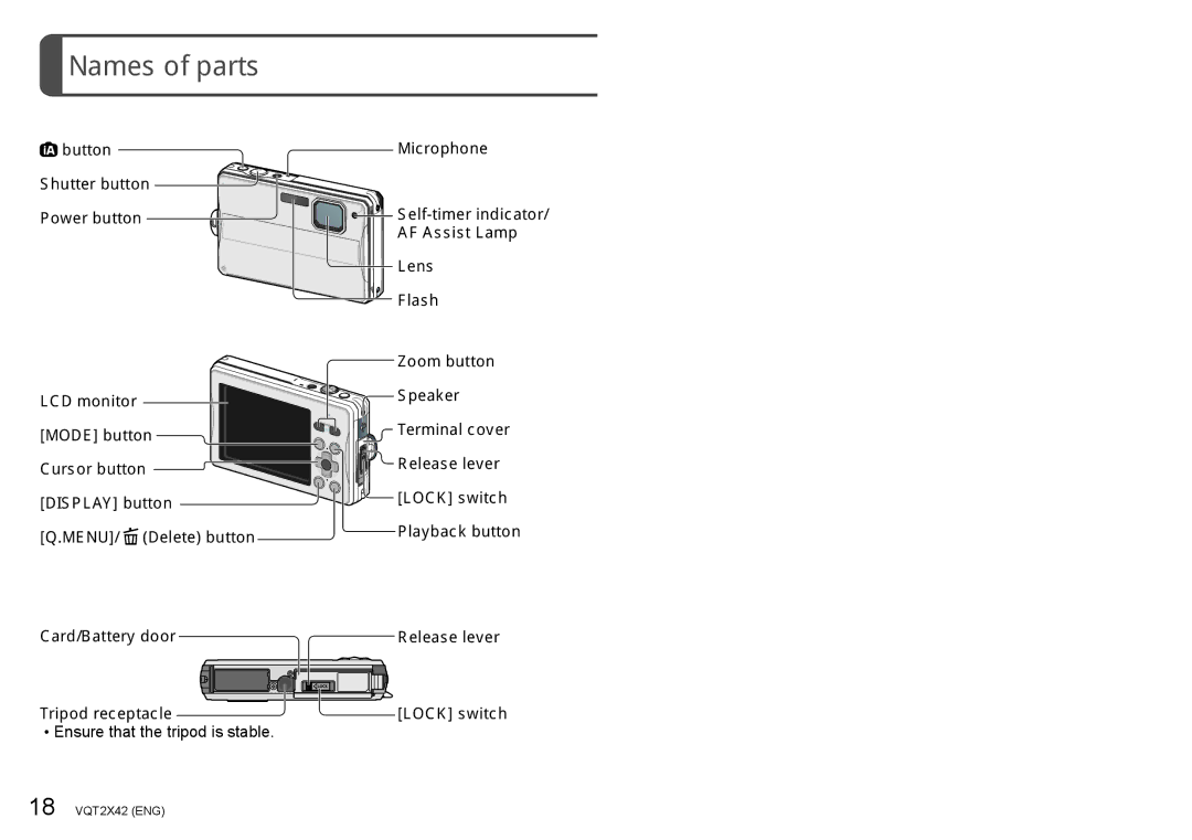 Panasonic DMC-TS10S, DMCTS10K Names of parts, Button, Microphone, Tripod receptacle, Ensure that the tripod is stable 