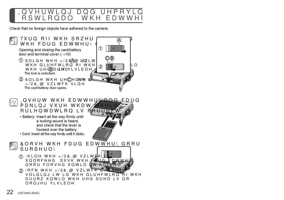 Panasonic VQT2X42 Inserting and removing the card optional/the battery, Turn off the power and open the card/battery door 