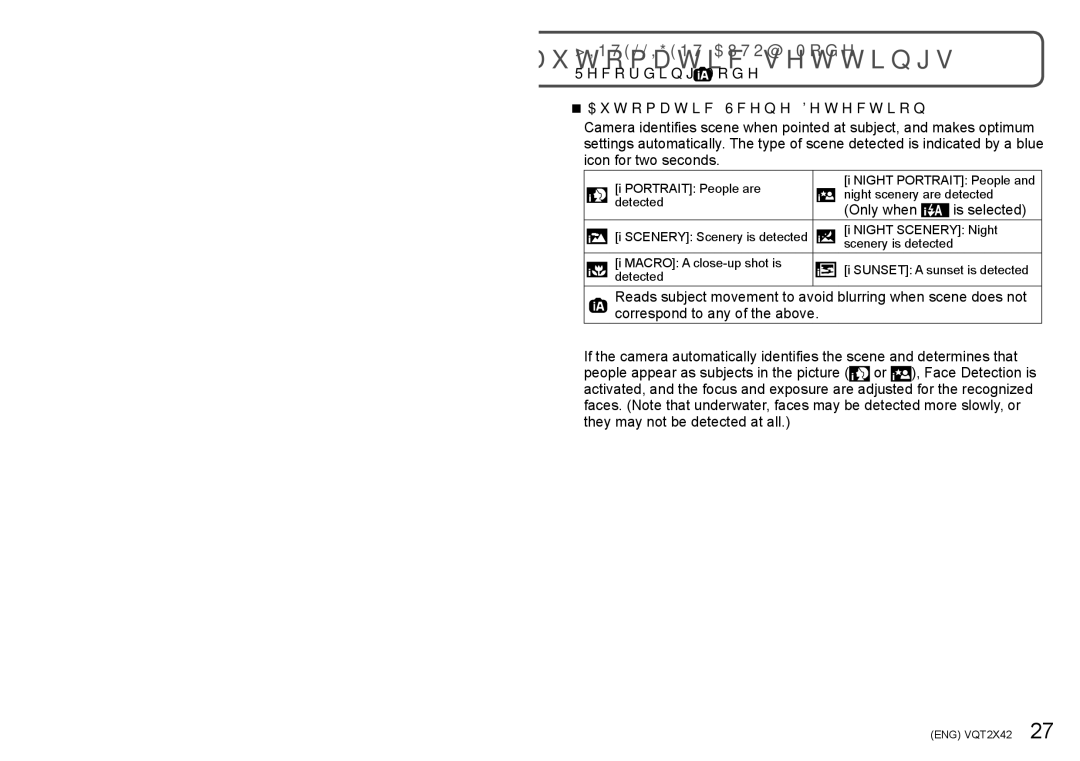 Panasonic VQT2X42, DMCTS10K, M0710KZ0, DMC-TS10S Recording Mode Automatic Scene Detection, Only when Is selected 