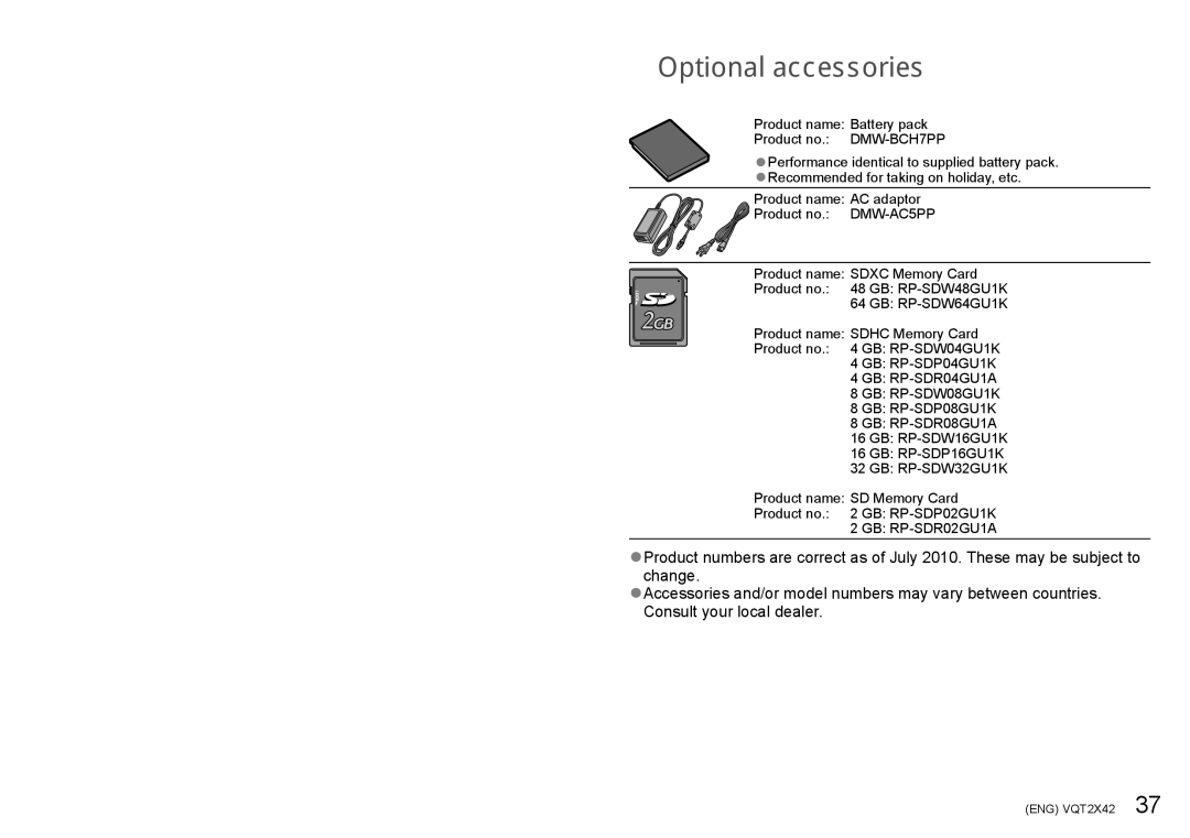 Panasonic VQT2X42, DMCTS10K, M0710KZ0, DMC-TS10S operating instructions Optional accessories 