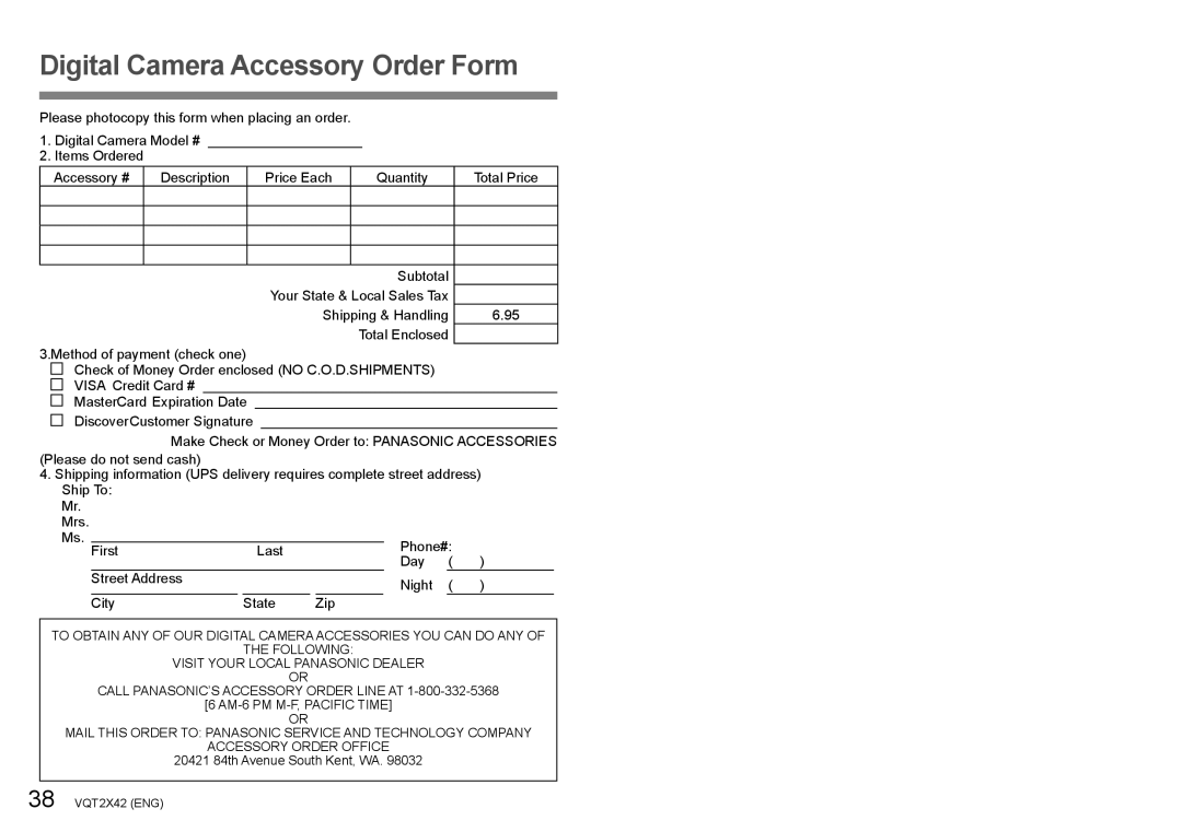 Panasonic DMC-TS10S, DMCTS10K, M0710KZ0, VQT2X42 operating instructions Digital Camera Accessory Order Form 