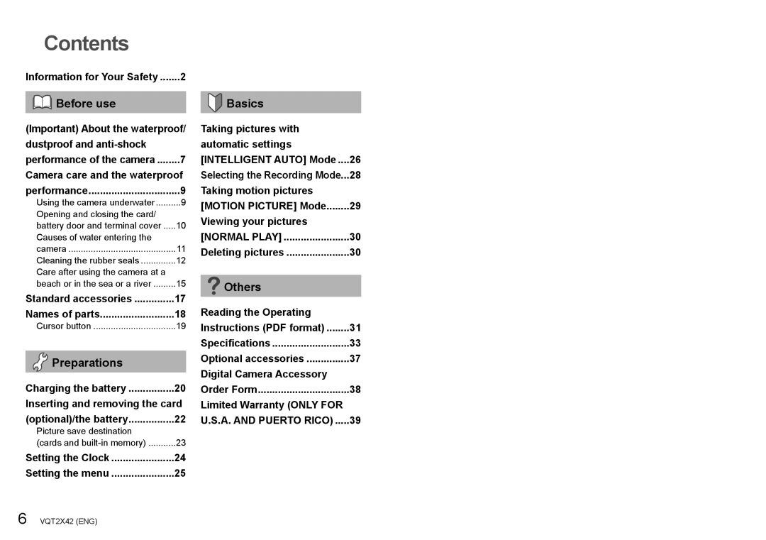 Panasonic M0710KZ0, DMCTS10K, VQT2X42, DMC-TS10S operating instructions Contents 