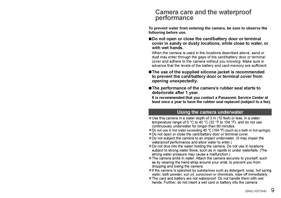 Panasonic DMC-TS10, DMCTS10K, M0710KZ0, VQT2X42 Camera care and the waterproof performance, Using the camera underwater 