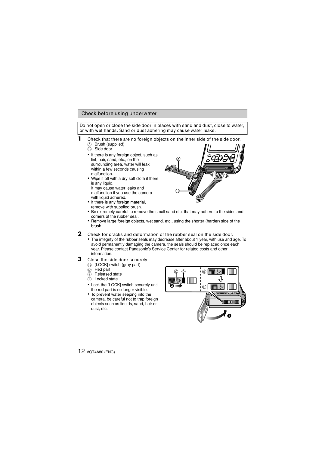 Panasonic DMCTS20K, DMCTS20D, DMCTS20R, DMCTS20A, DMC-TS20A Check before using underwater, Close the side door securely 