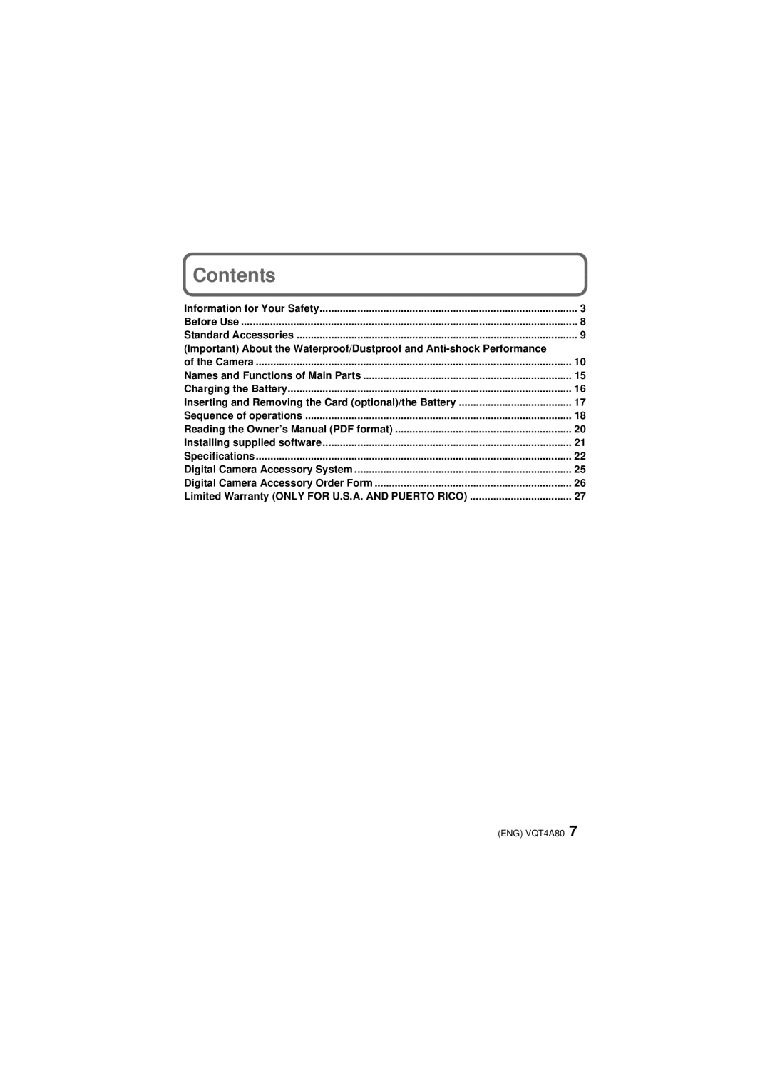 Panasonic DMCTS20D, DMCTS20K, DMCTS20R, DMCTS20A, DMC-TS20A owner manual Contents 