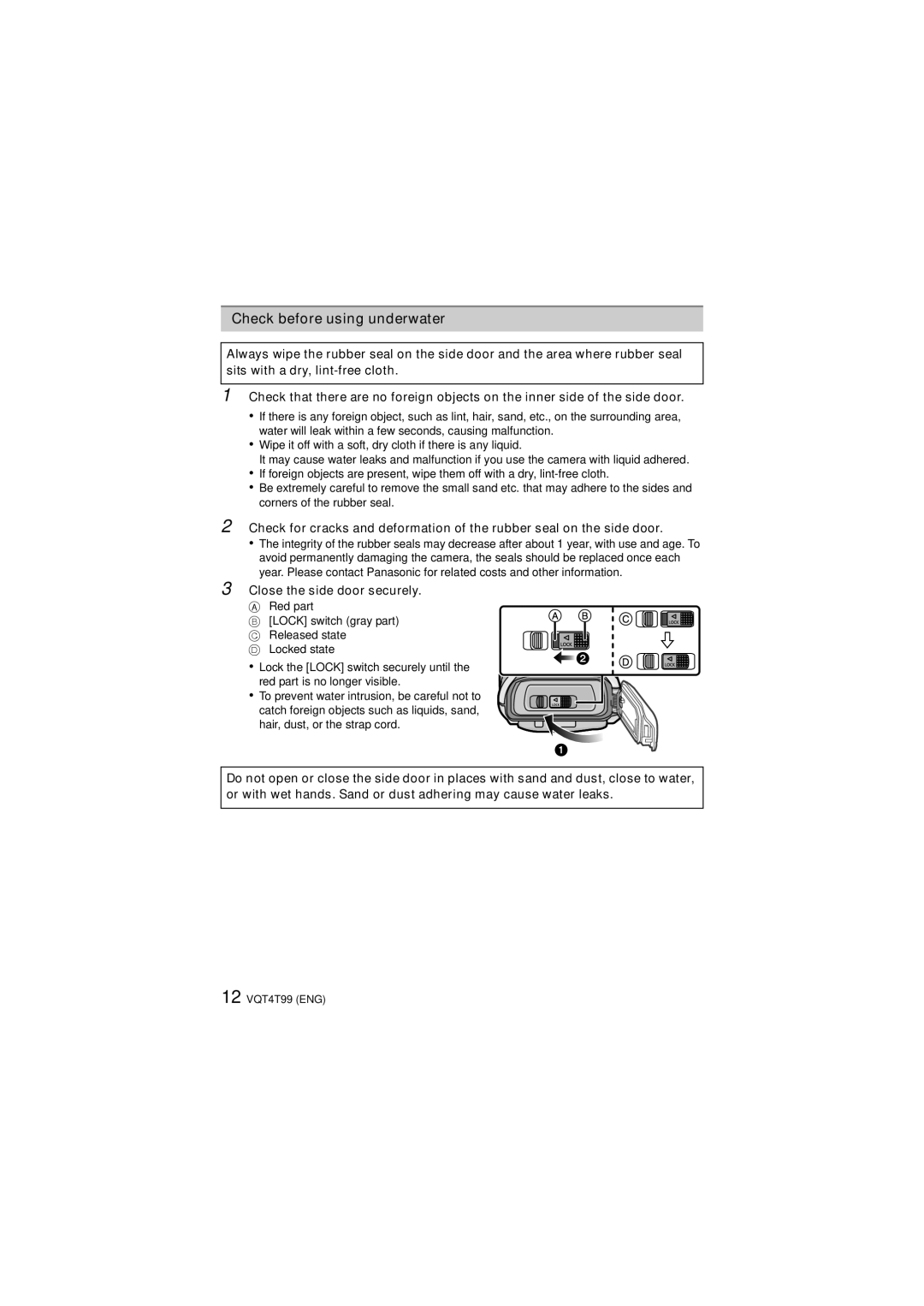 Panasonic DMCTS5A, DMCTS25A, F0113YS0, VQT4T99, DMCTS5D, DMCTS5S Check before using underwater, Close the side door securely 