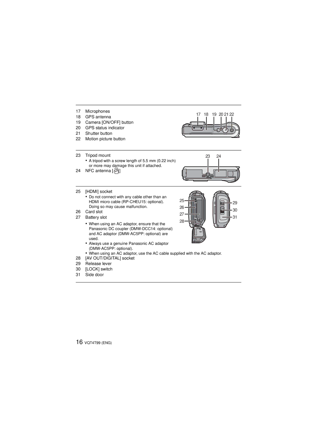 Panasonic DMCTS5K, DMCTS25A, F0113YS0, VQT4T99, DMCTS5A, DMCTS5D, DMCTS5S, DMC-TS5K owner manual NFC antenna Hdmi socket 