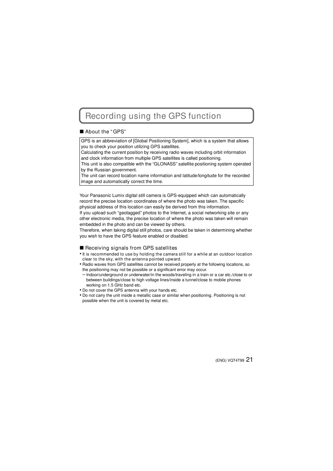Panasonic DMCTS5A, DMCTS25A, VQT4T99 Recording using the GPS function, About the GPS, Receiving signals from GPS satellites 