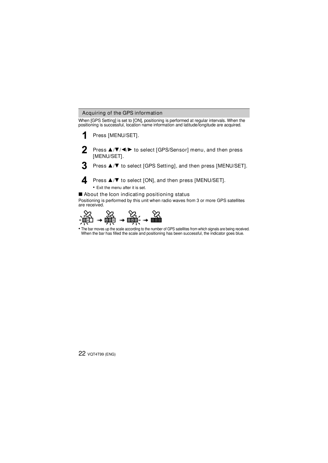 Panasonic DMCTS5D, DMCTS25A, F0113YS0 Acquiring of the GPS information, About the Icon indicating positioning status 