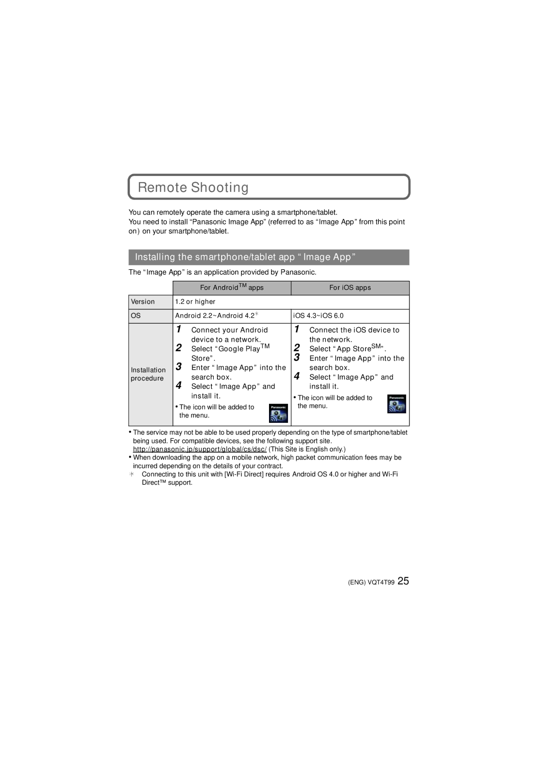 Panasonic DMCTS5K, DMCTS25A, F0113YS0, VQT4T99, DMCTS5A Remote Shooting, Installing the smartphone/tablet app Image App 