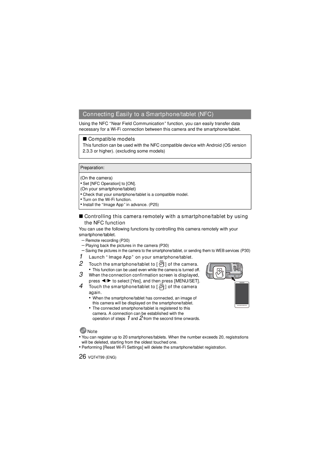 Panasonic DMC-TS5K, DMCTS25A, F0113YS0, VQT4T99 Compatible models, NFC function, Touch the smartphone/tablet to Camera Again 