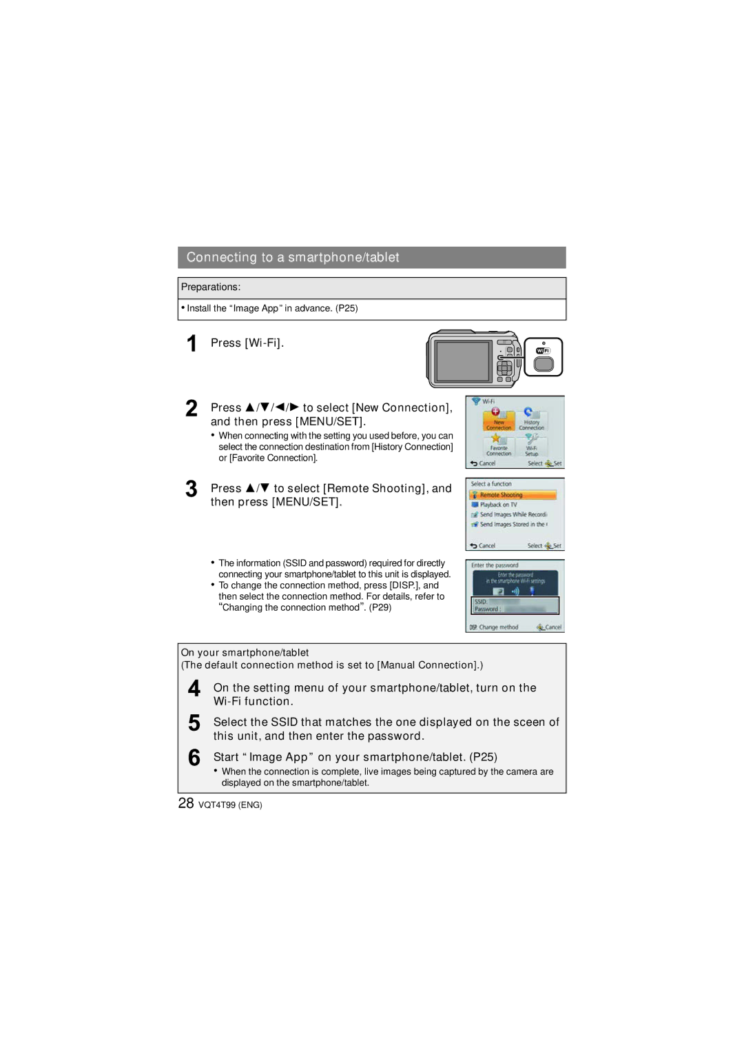 Panasonic F0113YS0, DMCTS25A, VQT4T99, DMCTS5A, DMCTS5D, DMCTS5S, DMCTS5K, DMC-TS5K Connecting to a smartphone/tablet 