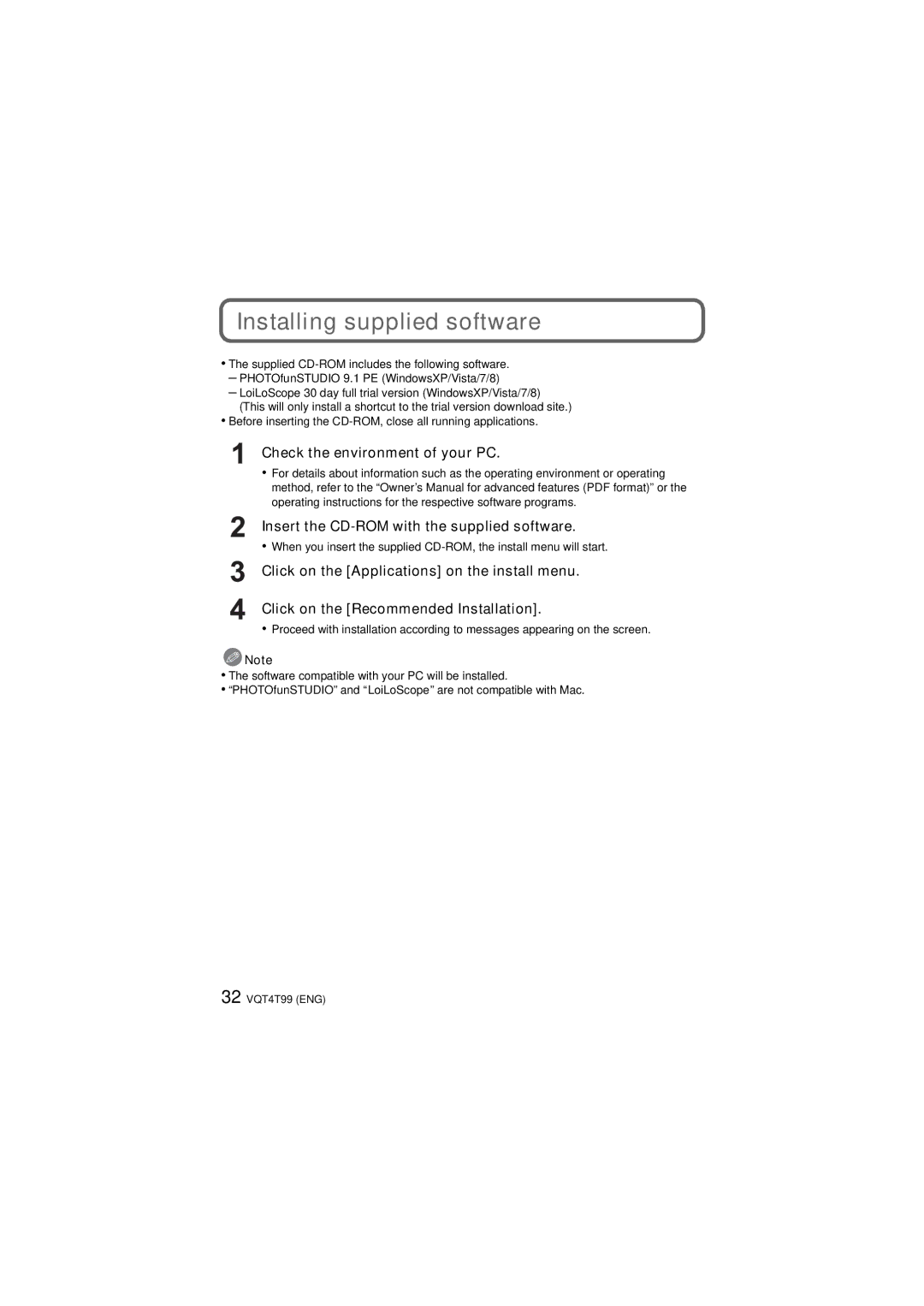 Panasonic DMCTS5S, DMCTS25A, F0113YS0, VQT4T99, DMCTS5A, DMCTS5D, DMCTS5K, DMC-TS5K owner manual Installing supplied software 