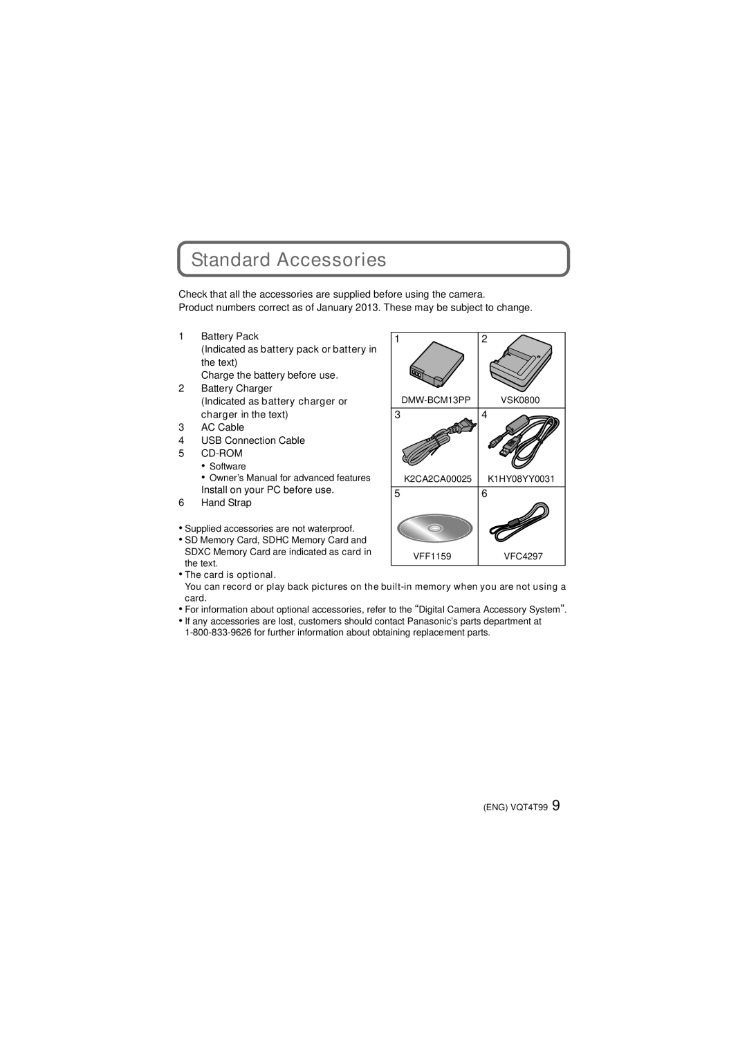 Panasonic DMCTS25A, F0113YS0, VQT4T99, DMCTS5A, DMCTS5D, DMCTS5S, DMCTS5K, DMC-TS5K Standard Accessories, DMW-BCM13PP 