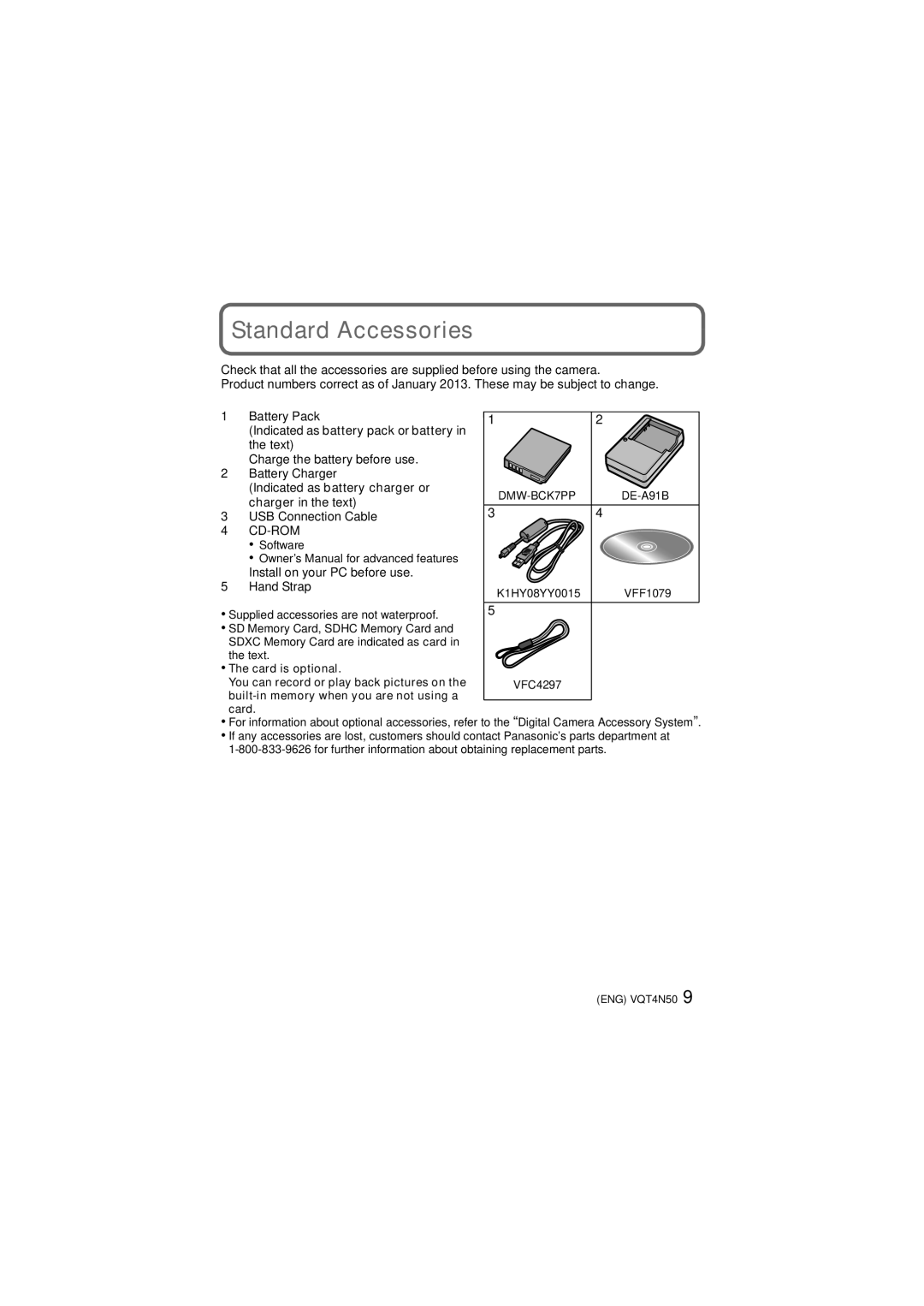 Panasonic DMCTS25R, DMCTS25W, DMCTS25K, DMC-TS25K Standard Accessories, Indicated as battery pack or battery in the text 