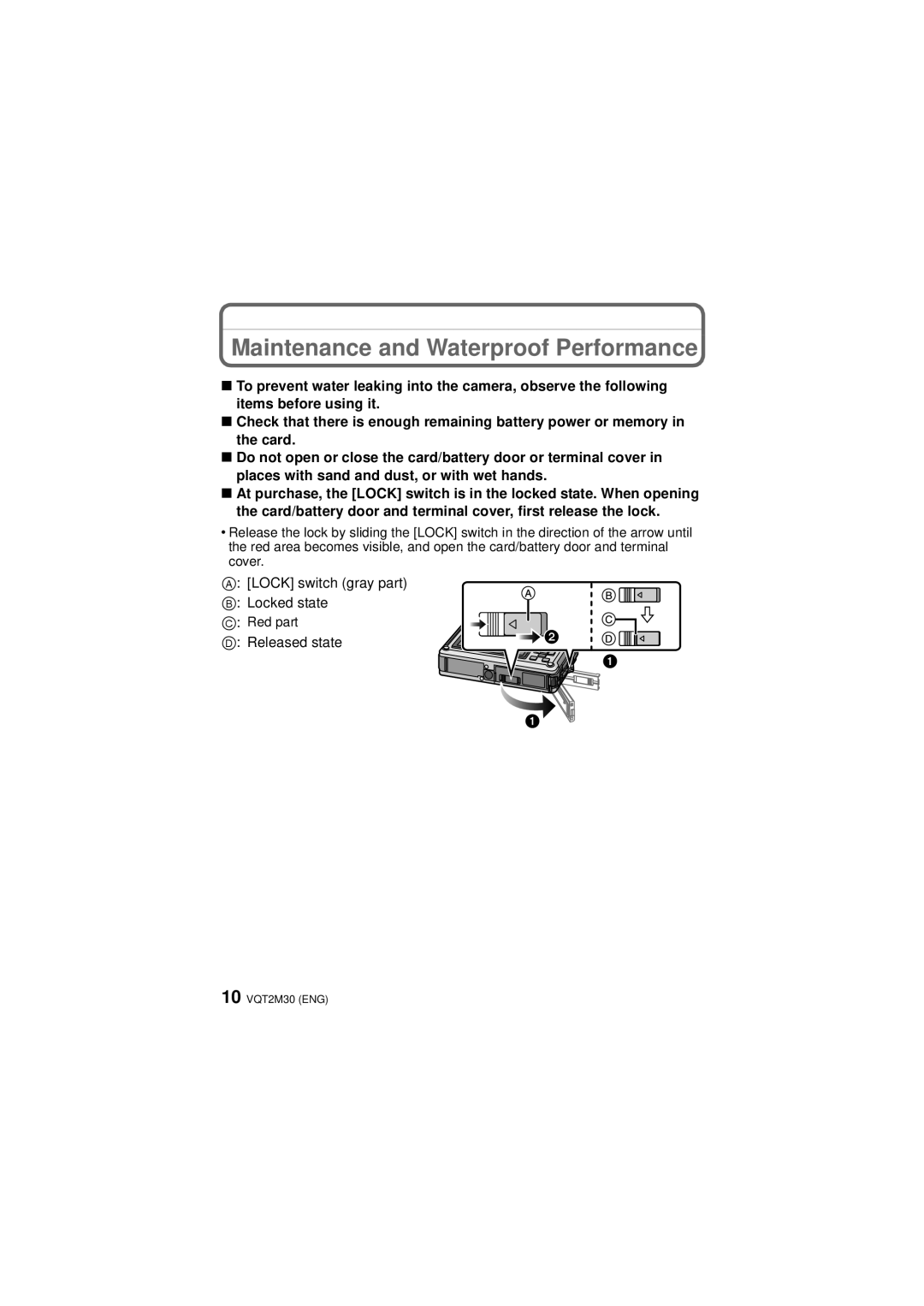 Panasonic DMCTS2A, DMCTS2S Maintenance and Waterproof Performance, Lock switch gray part Locked state, Released state 