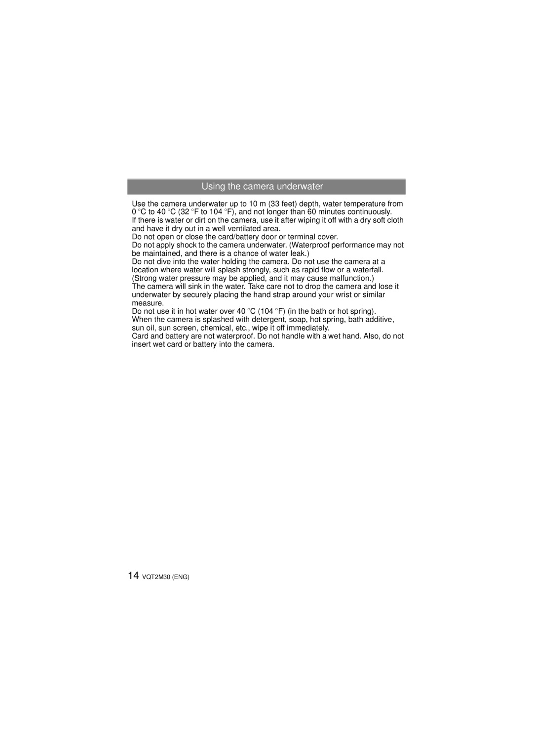 Panasonic DMCTS2A, DMCTS2S, DMCTS2D, DMC-TS2 operating instructions Using the camera underwater 