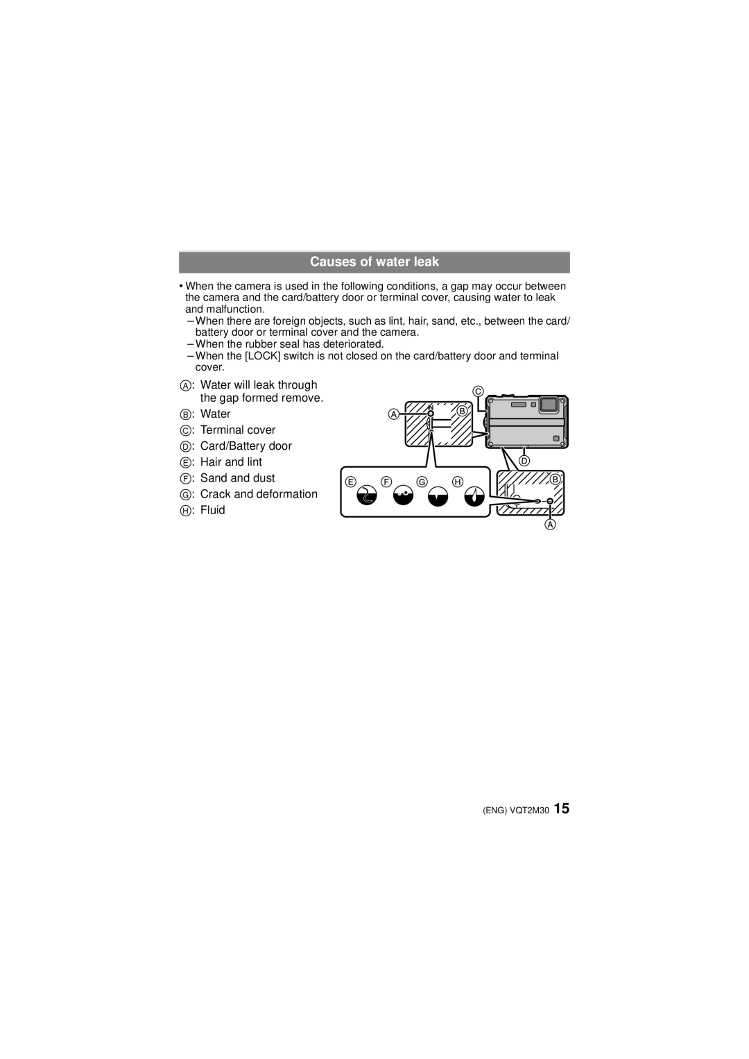 Panasonic DMC-TS2, DMCTS2S, DMCTS2D, DMCTS2A operating instructions Causes of water leak 