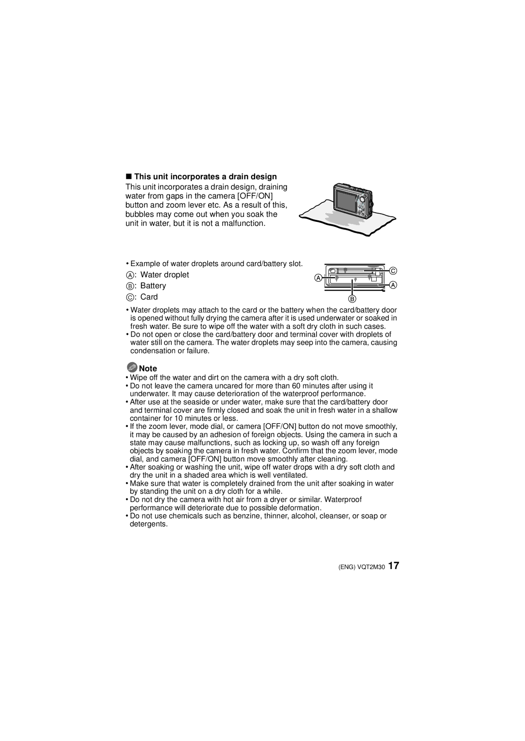 Panasonic DMCTS2D, DMCTS2S, DMCTS2A, DMC-TS2 This unit incorporates a drain design, Water droplet Battery Card 