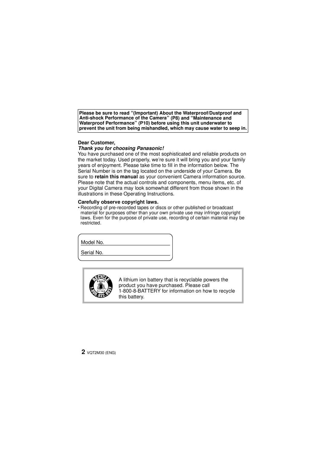 Panasonic DMCTS2A, DMCTS2S, DMCTS2D, DMC-TS2 operating instructions Dear Customer, Carefully observe copyright laws 