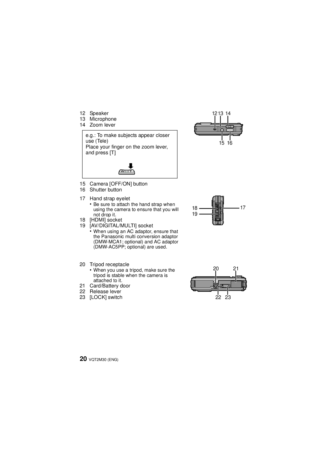 Panasonic DMCTS2S, DMCTS2D, DMCTS2A, DMC-TS2 operating instructions Hdmi socket 19 AV/DIGITAL/MULTI socket, Tripod receptacle 