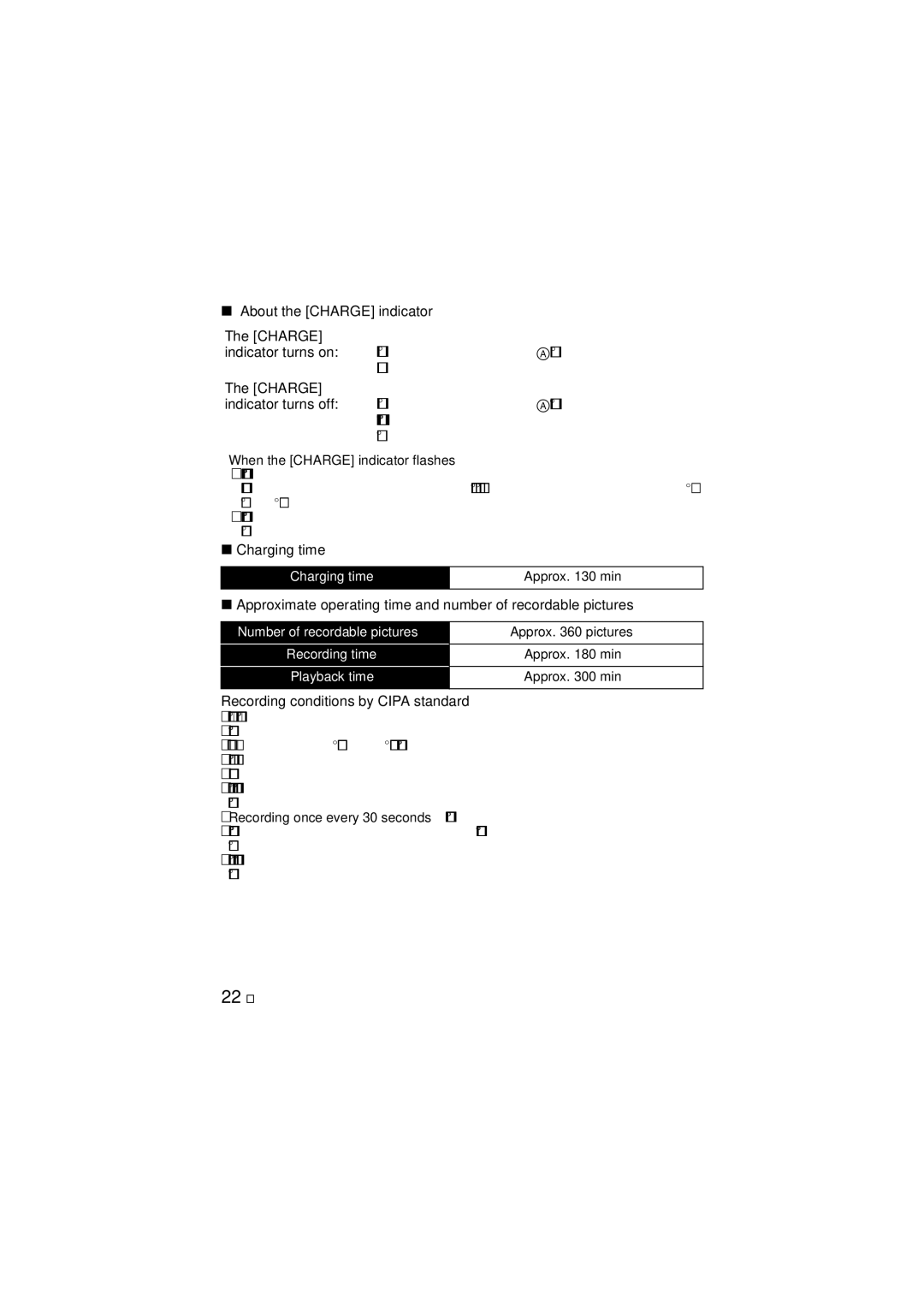 Panasonic DMCTS2A, DMCTS2S, DMCTS2D About the Charge indicator, Charging time, Recording conditions by Cipa standard 