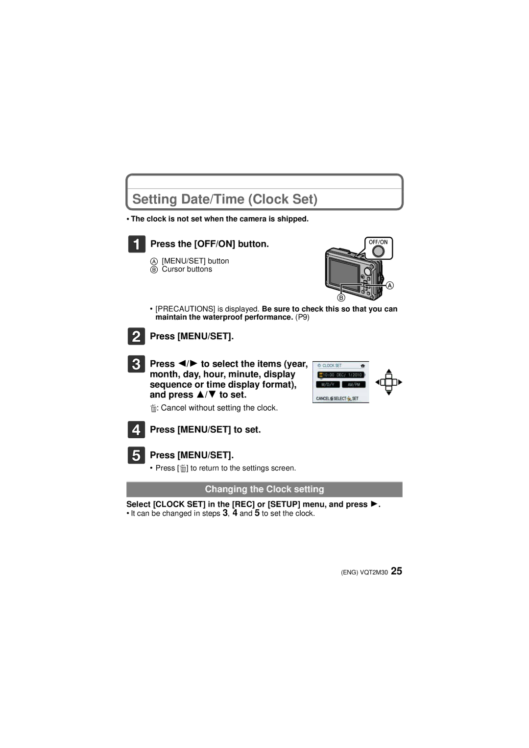 Panasonic DMCTS2D, DMCTS2S, DMCTS2A, DMC-TS2 Setting Date/Time Clock Set, ‚ Cancel without setting the clock 