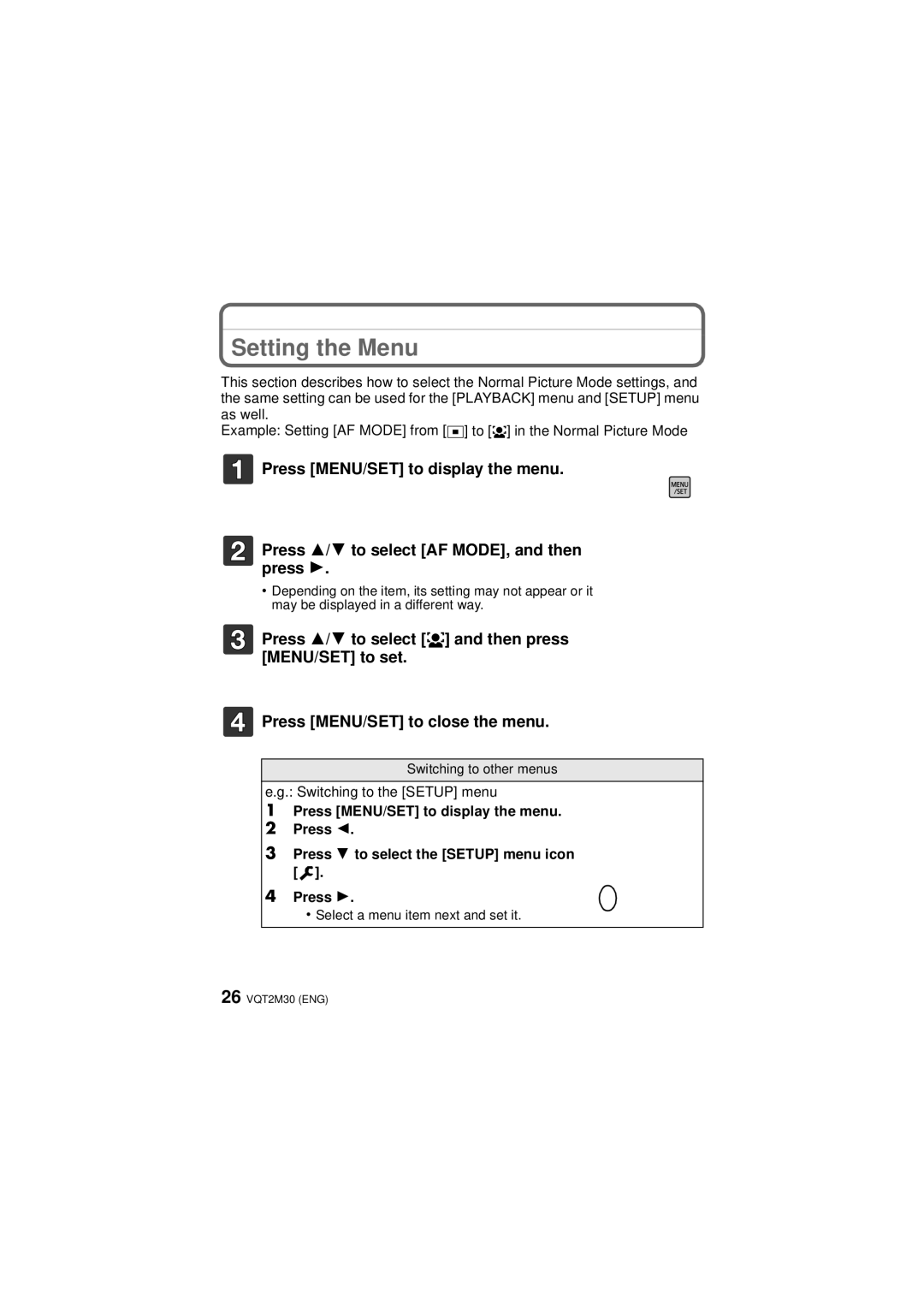 Panasonic DMCTS2A, DMCTS2S, DMCTS2D, DMC-TS2 operating instructions Setting the Menu, Switching to the Setup menu 