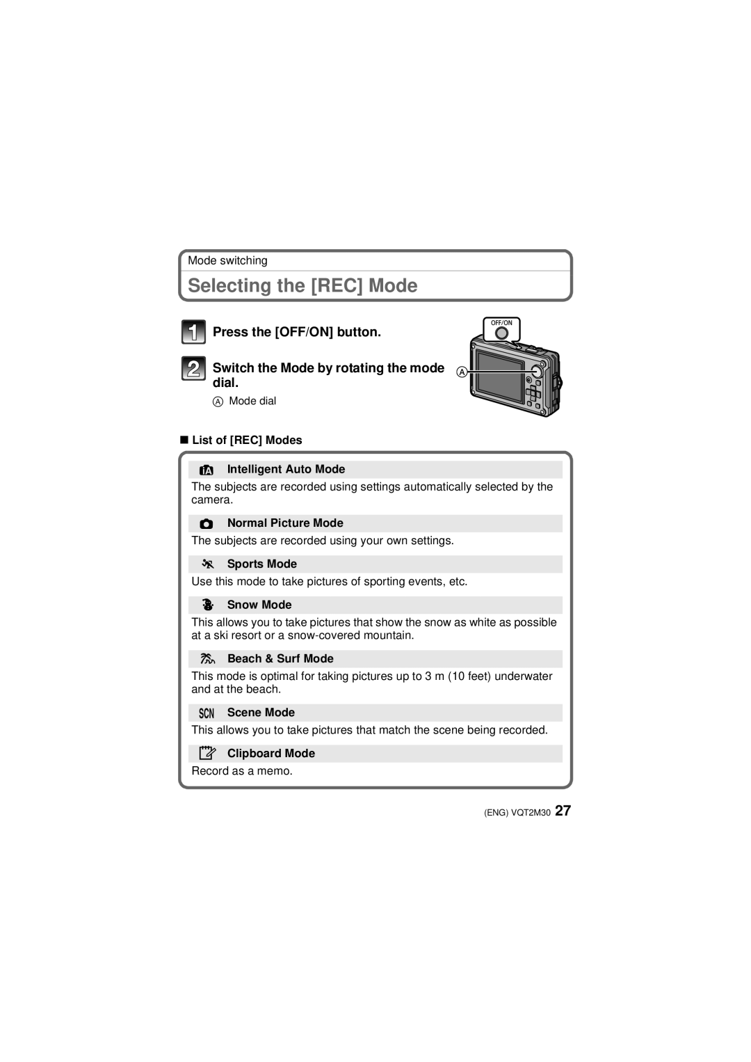 Panasonic DMC-TS2, DMCTS2S, DMCTS2D, DMCTS2A operating instructions Selecting the REC Mode 