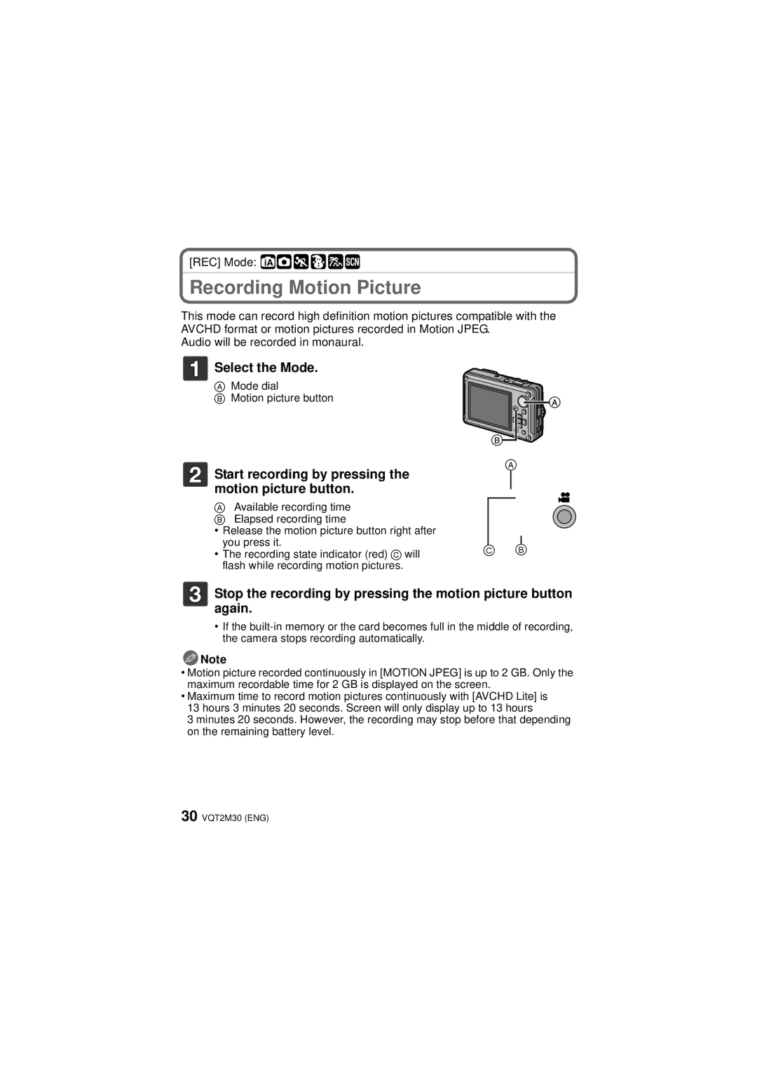 Panasonic DMCTS2A, DMCTS2S, DMCTS2D, DMC-TS2 operating instructions Recording Motion Picture, REC Mode ñ· ¿ 