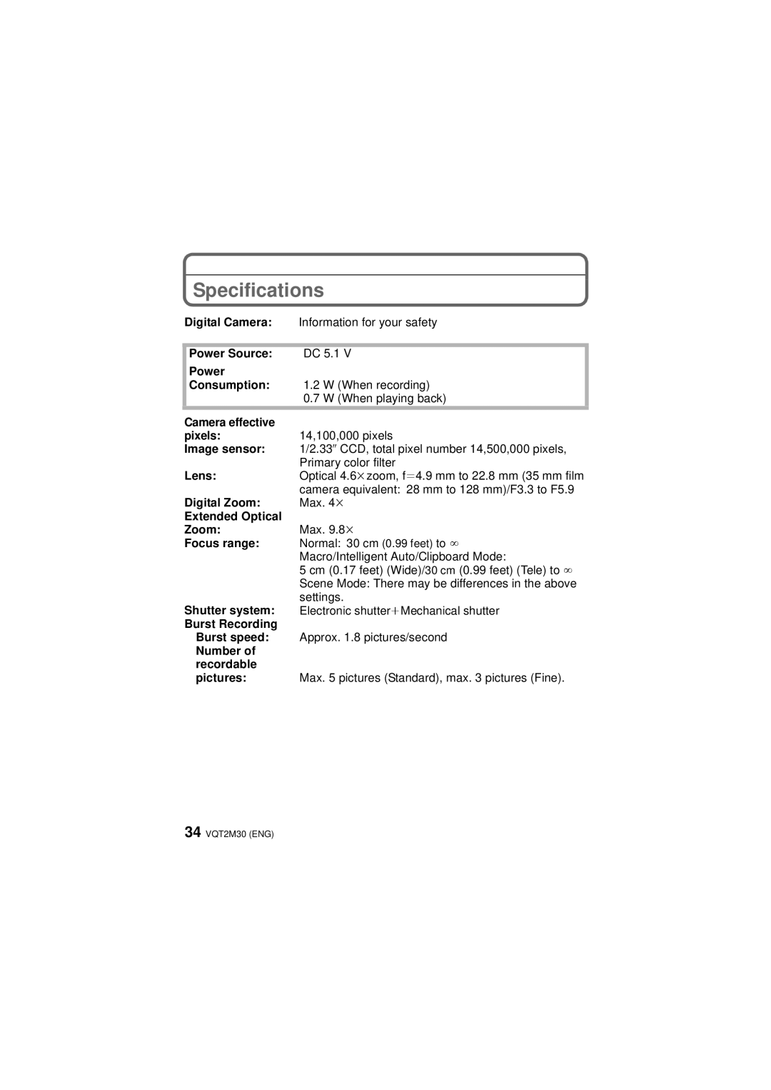 Panasonic DMCTS2A, DMCTS2S, DMCTS2D, DMC-TS2 operating instructions Specifications 