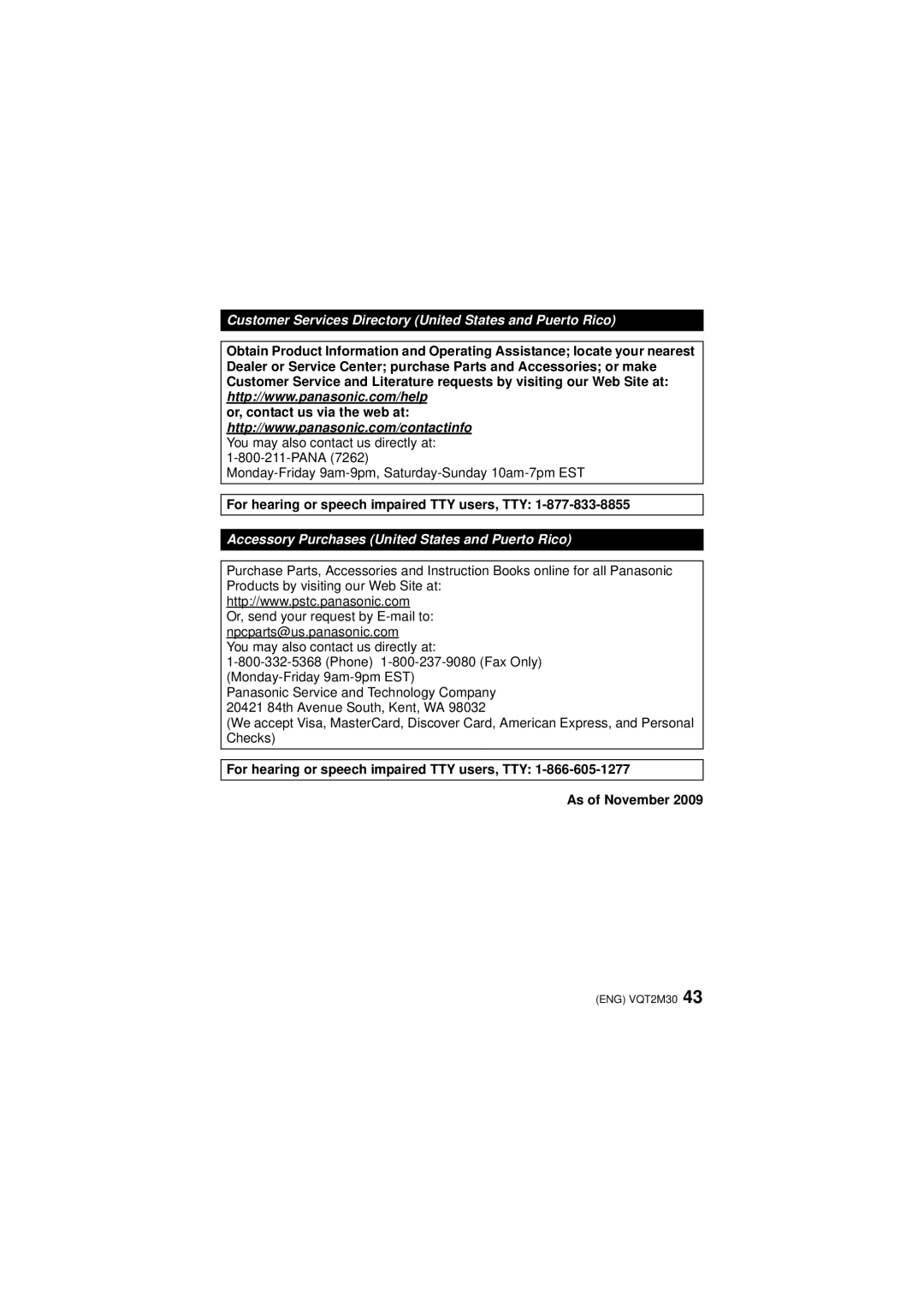 Panasonic DMC-TS2, DMCTS2S, DMCTS2D, DMCTS2A operating instructions Customer Services Directory United States and Puerto Rico 