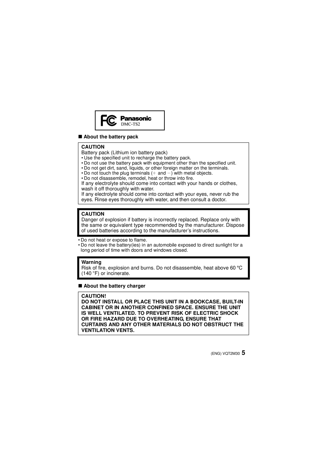 Panasonic DMCTS2D, DMCTS2S About the battery pack, Battery pack Lithium ion battery pack, About the battery charger 