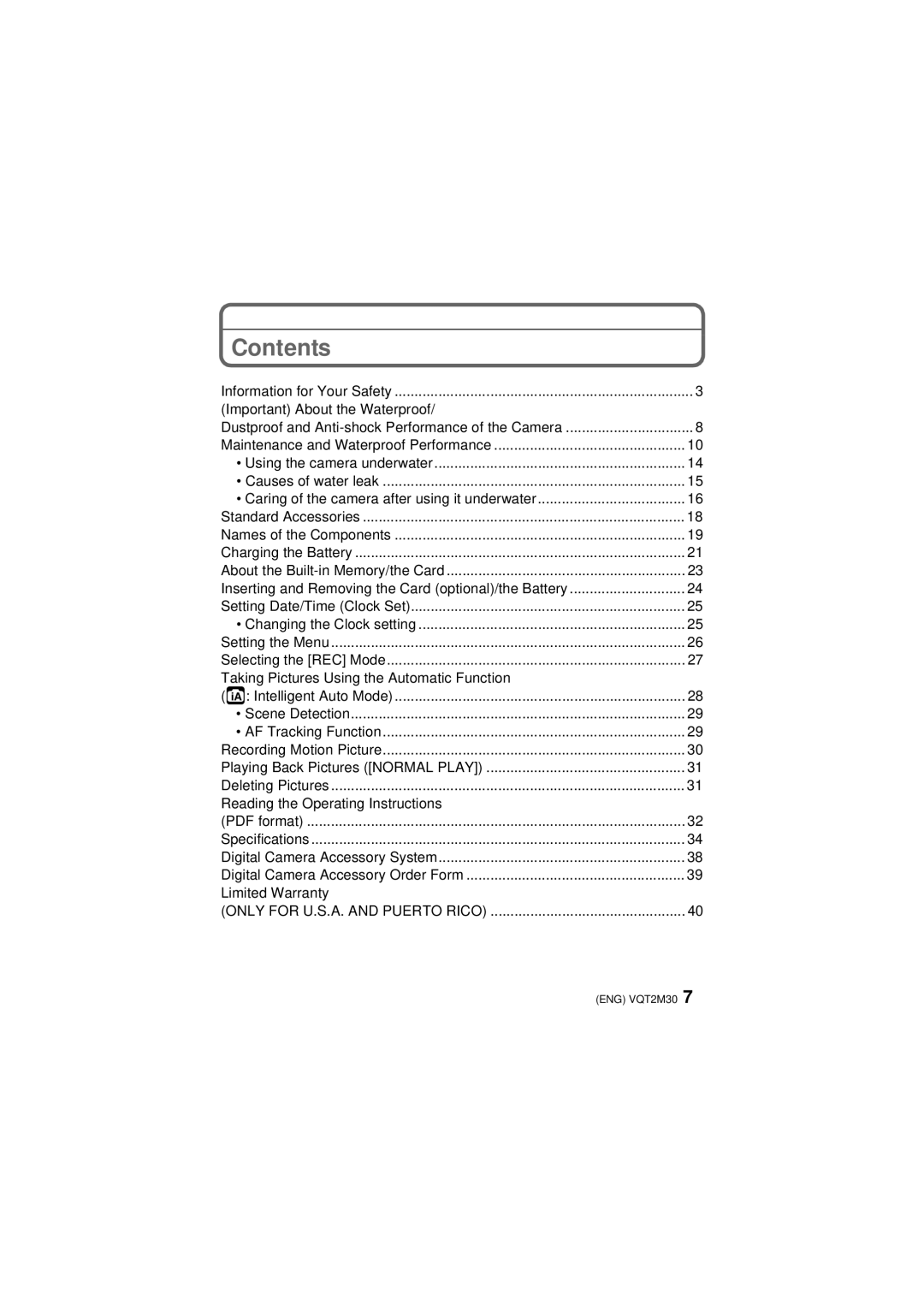 Panasonic DMC-TS2, DMCTS2S, DMCTS2D, DMCTS2A operating instructions Contents 