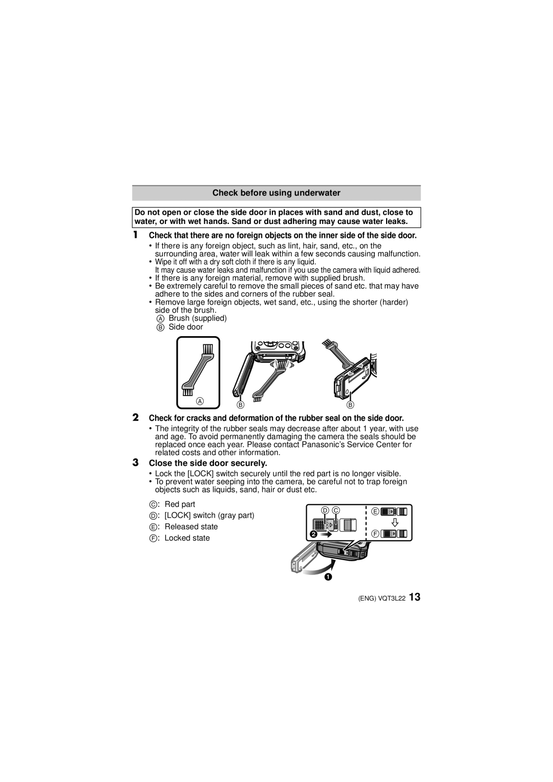 Panasonic DMCTS3S, DMCTS3D owner manual Check before using underwater, Close the side door securely 