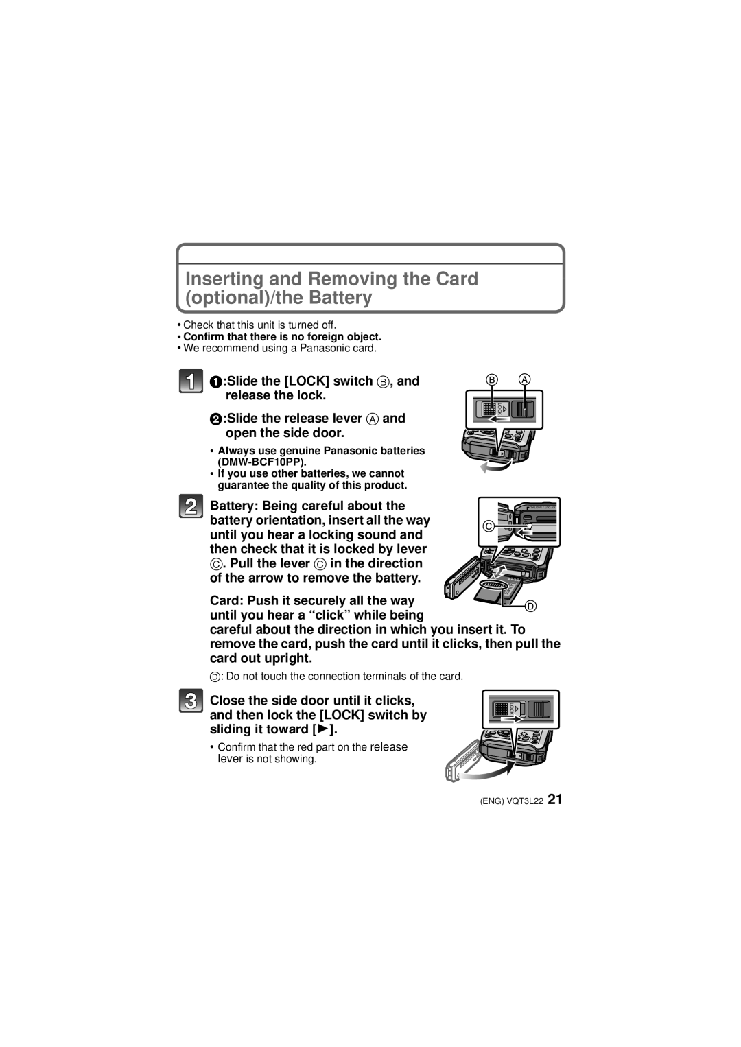 Panasonic DMCTS3S, DMCTS3D Inserting and Removing the Card optional/the Battery, Confirm that there is no foreign object 