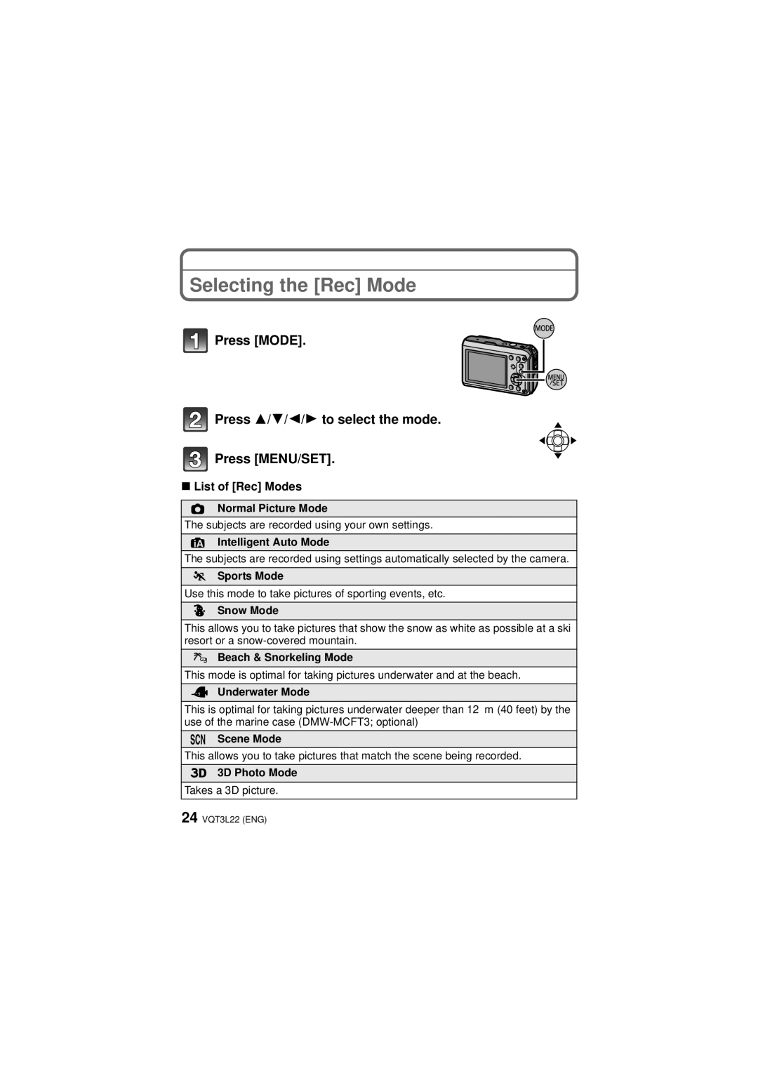 Panasonic DMCTS3D, DMCTS3S owner manual Selecting the Rec Mode, List of Rec Modes 