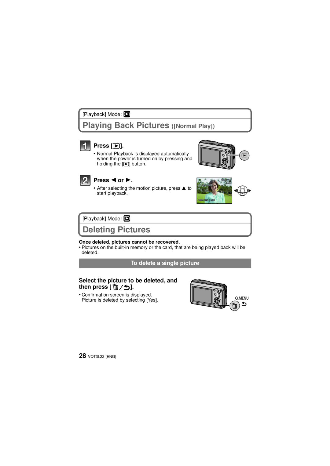 Panasonic DMCTS3D Playing Back Pictures Normal Play, Deleting Pictures, Once deleted, pictures cannot be recovered 